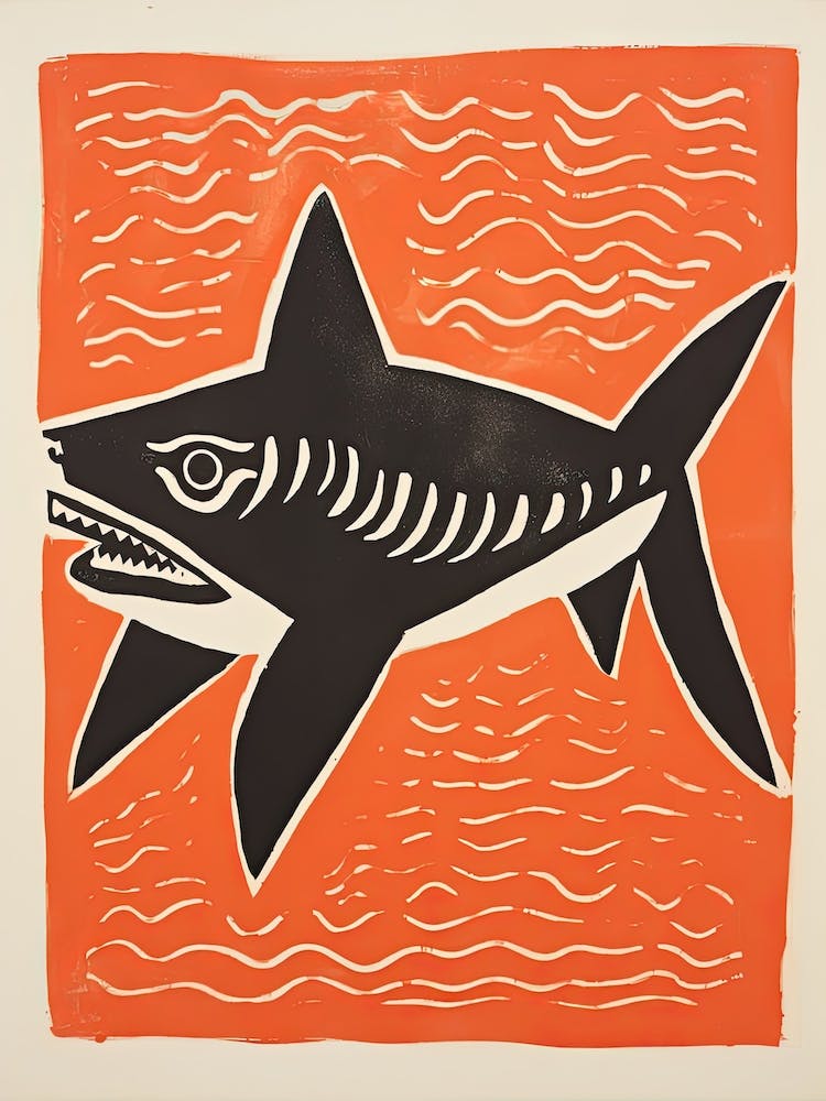 Shark, Woodblock Animal  Drawing 4