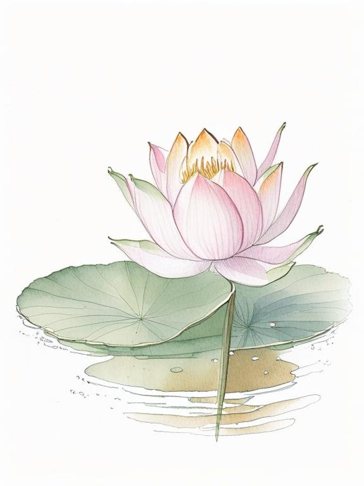 Blooming Lotus Flower In Pond Pencil Illustration 3