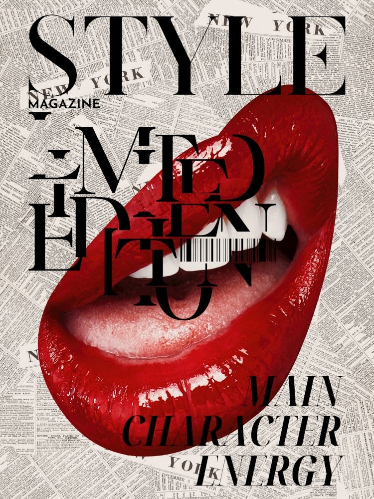Bold Red Lips Editorial Pop Art Collage with Fashion Typography, Red Lips Print High Fashion Wall Art Main Character Energy Poster, Magazine Headlines New York Fashion Wall Art