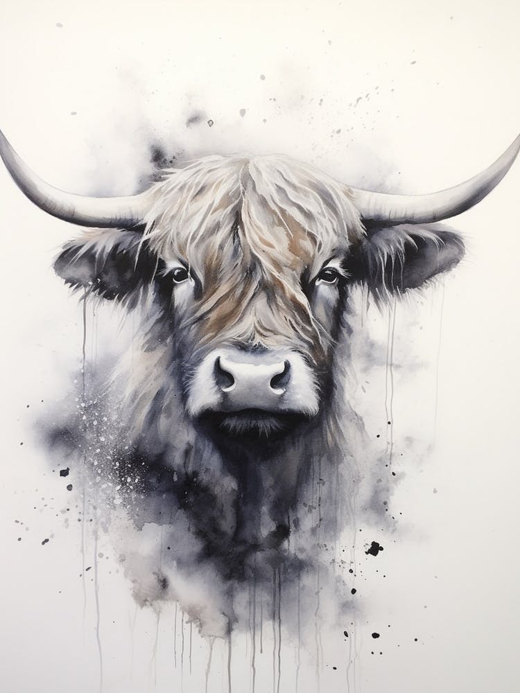 Neutral Watercolour Portrait Of Highland Cow 4