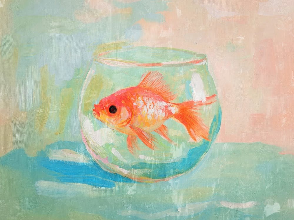Goldfish in glass bowl painting in Soft pastel for coastal or beachy decor, Minimalist still life Coral and Green cute wall art for bathrooms and kitchens, Whimsical artwork for kids rooms and nusery