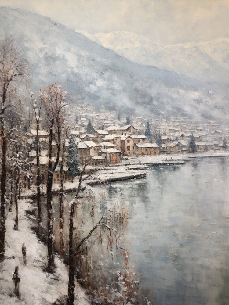 Vintage Winter Painting Lake Como Italy