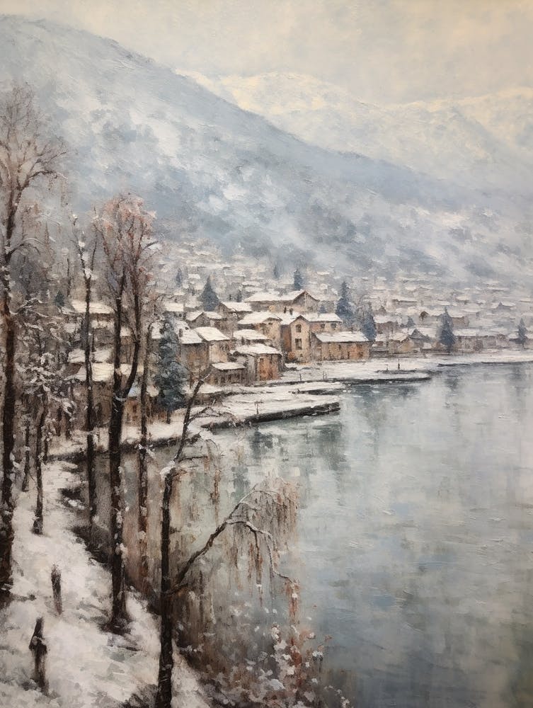 Vintage Winter Painting Lake Como Italy