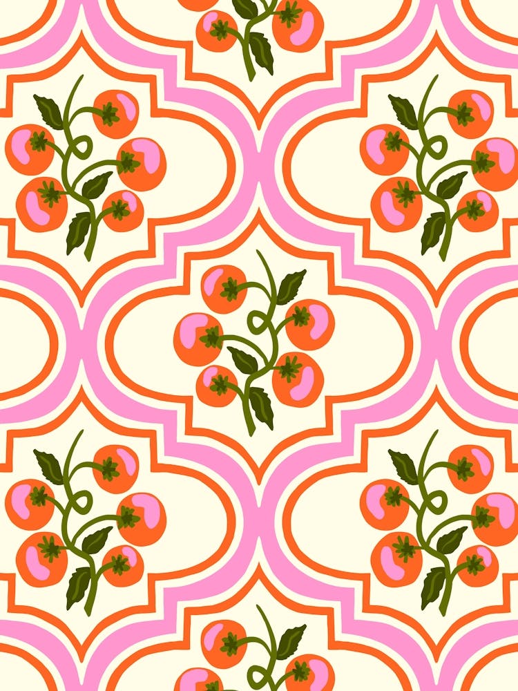 Red Tomato Vine Vintage Style Ogee - Pink Red Cream White