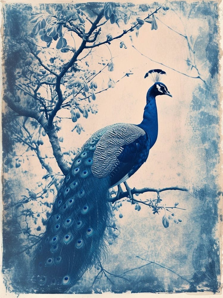 Blue & White Peacock On A Tree Cyanotype