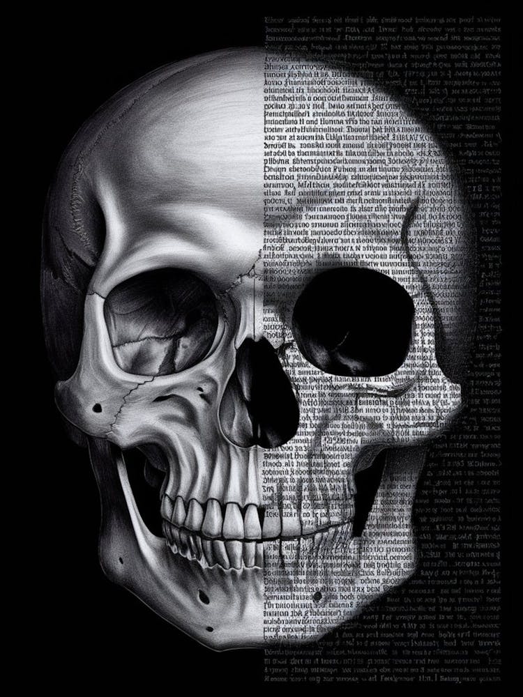 A Compelling Monochromatic Artwork Featuring An Extremely Detailed And Intricate Skull On The Left Side, Showcasing The Eye Soc Kets, Nose, And Jawline With Remarkabl