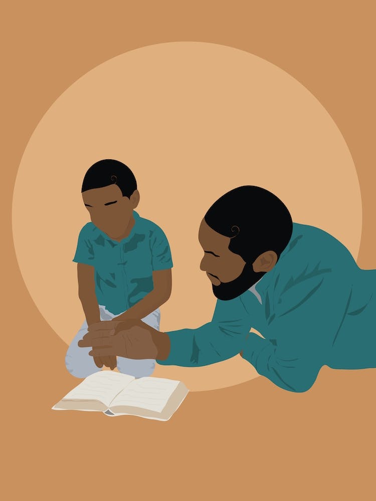 Illustration Of A Father Teaching His Son To Read