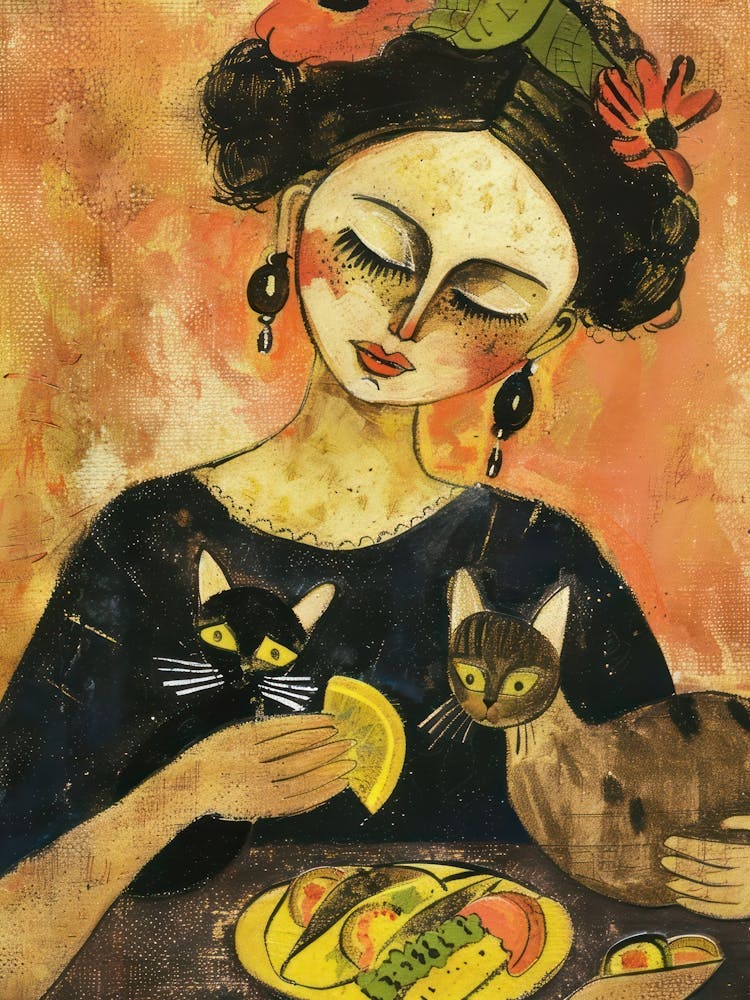 Portrait Of A Woman With Cats Eating Tacos 1