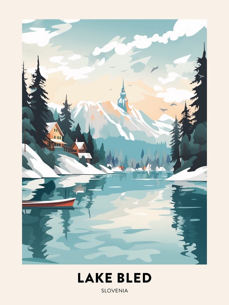 Vintage Winter Travel Poster Lake Bled Slovenia 2
