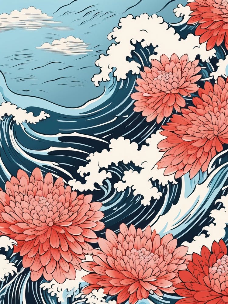 Great Wave With Chrysanthemum Flower Drawing In The Style Of Ukiyo E 3
