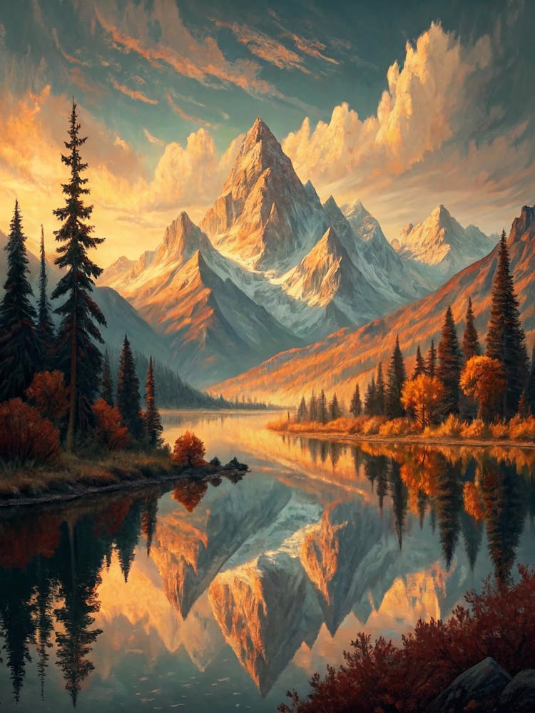 Style Peinture à l'huile - Reflets de Montagne sur Eau Calme