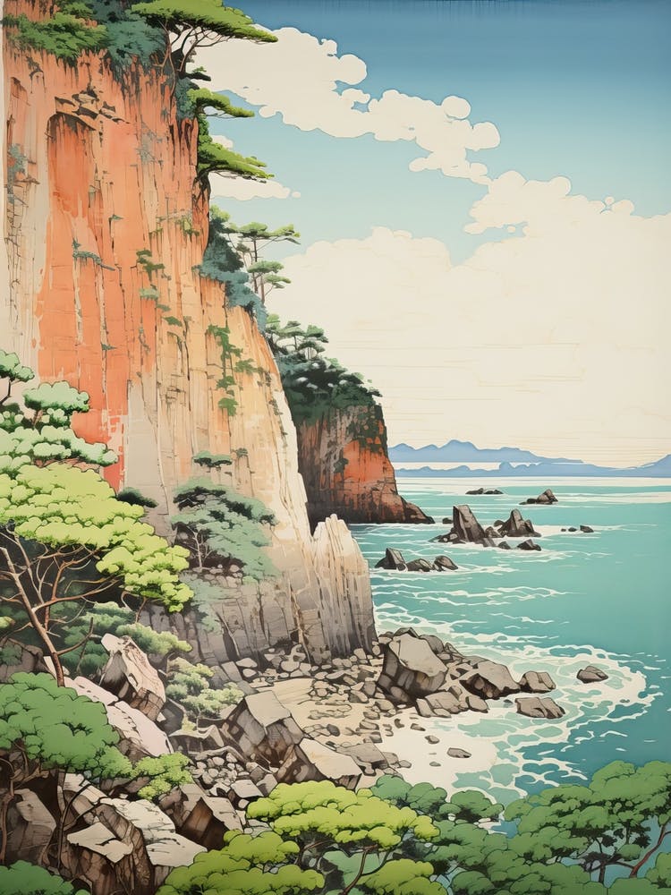 Tojinbo Cliffs In Fukui, Ukiyo E Drawing 2