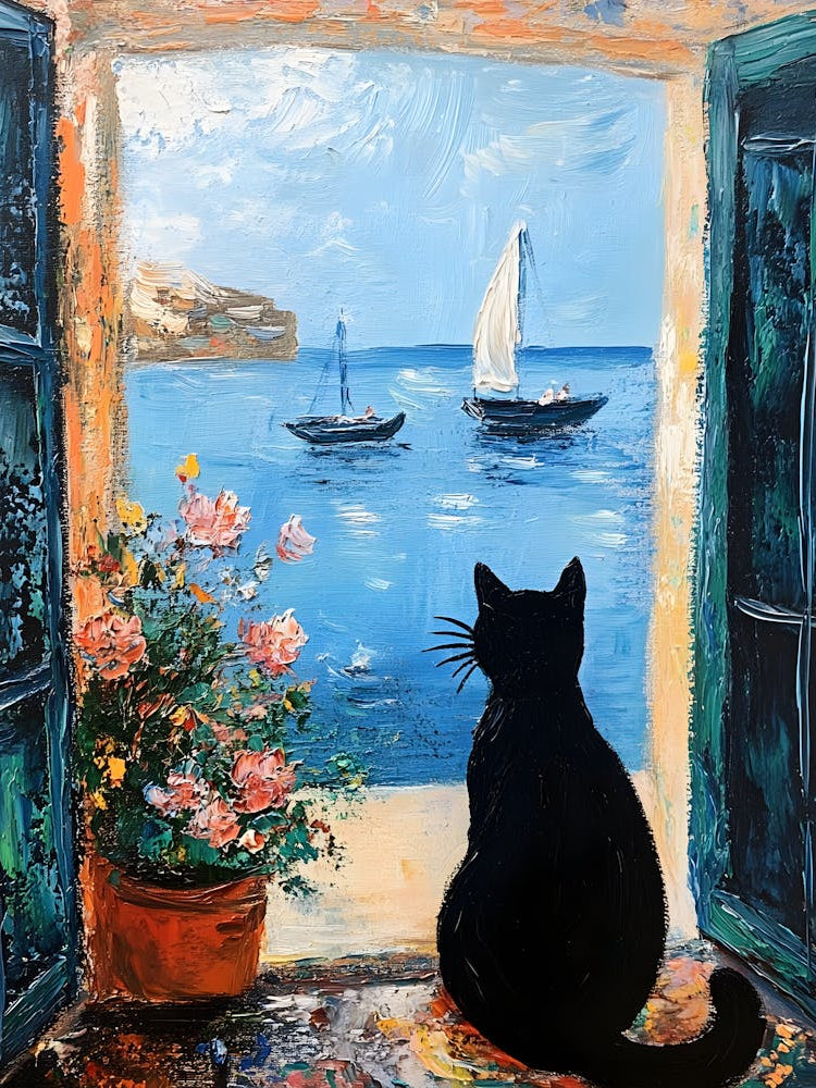 Oil Painting Black Cat Loves the Sea 15