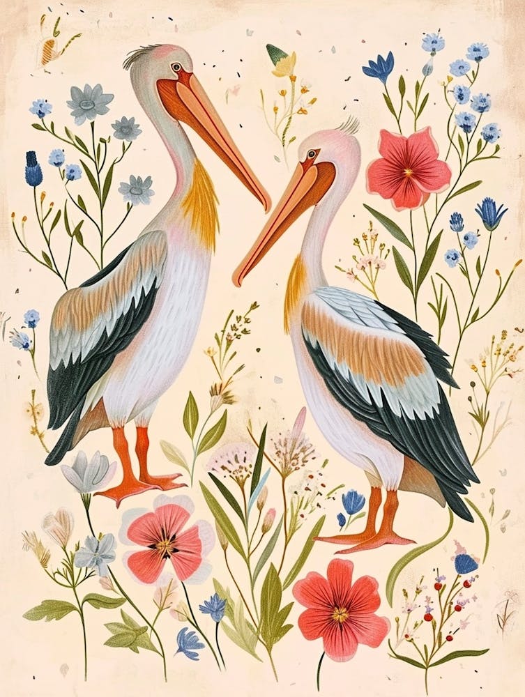 Folksy Floral Animal Drawing Pelican 2