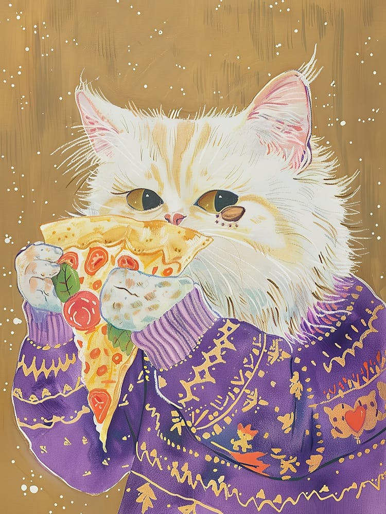 White Cat Pizza Lover Folk Illustration 3