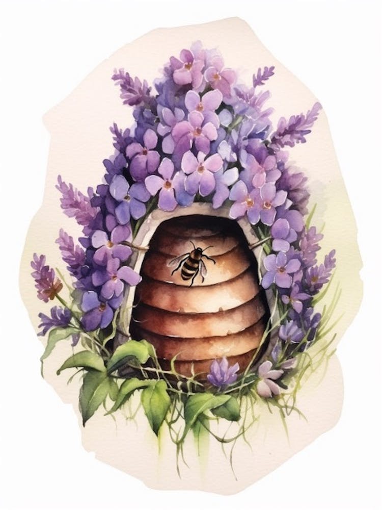 Beehive With Statice Watercolour Illustration 4
