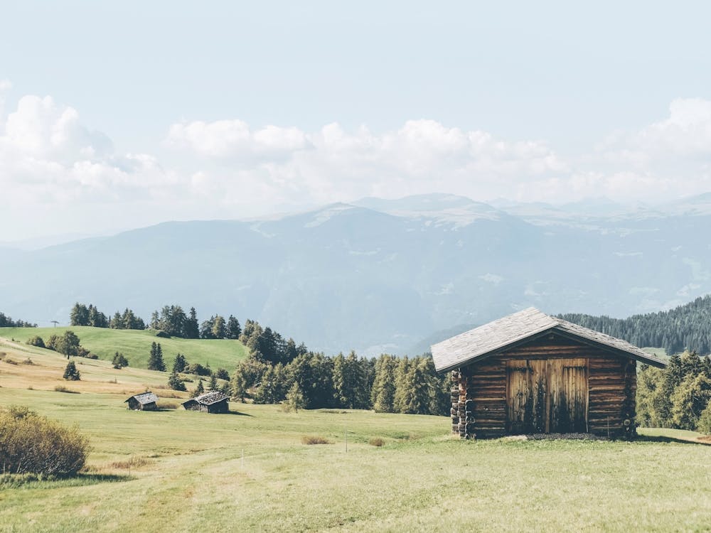 Dolomites, Italy I Picturesque wooden chalet in Alpe di Suisi with panorama skyline mountain views photography in its green meadow and fir trees with the retro vintage aesthetic of a pastel boho Italian summer