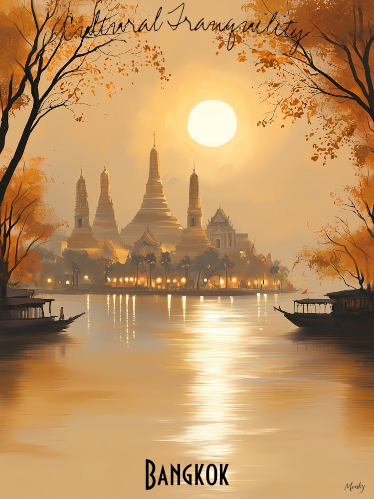 Sunset In Bangkok, minimalist soft tones palette, watercolor poster