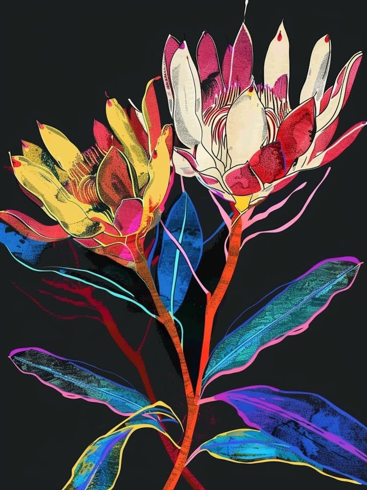 Neon Flowers On Black Protea 2