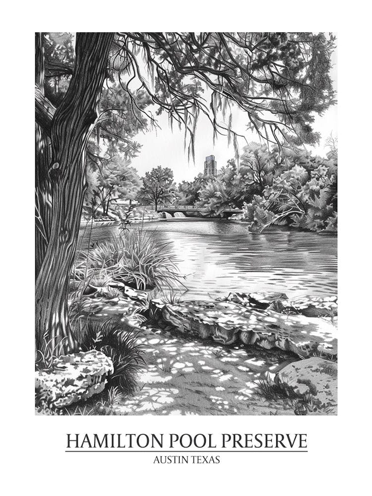 Hamilton Pool Preserve Austin Texas Black And White Drawing 1 Poster