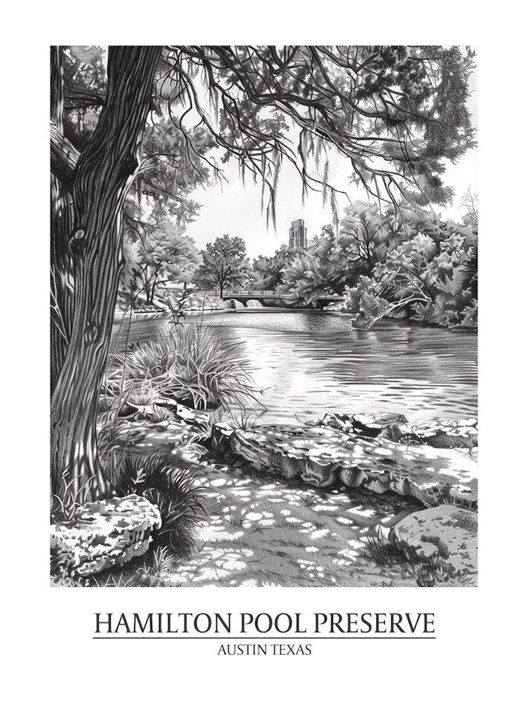 Hamilton Pool Preserve Austin Texas Black And White Drawing 1 Poster