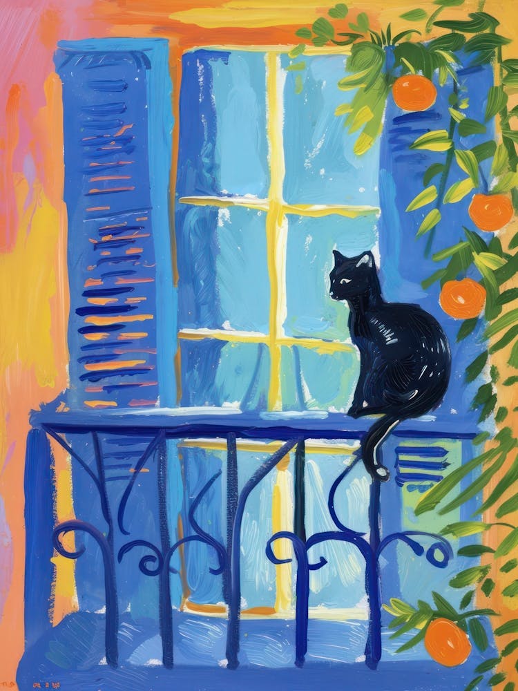 Cat On A Window With Oranges