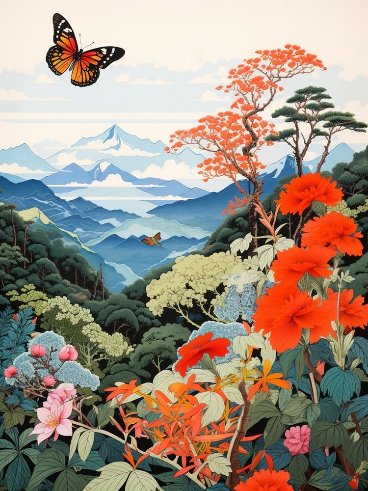 Butterfly With Mountaneous Landscape Japanese Style Painting 2
