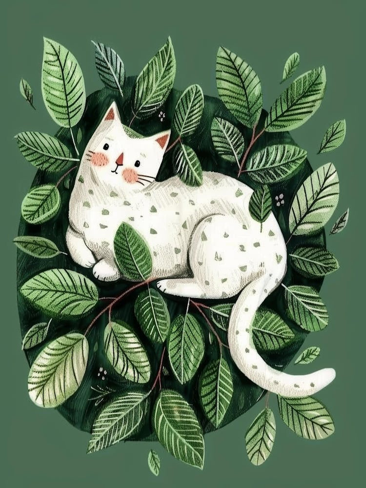White Cat In Green Leaves 1