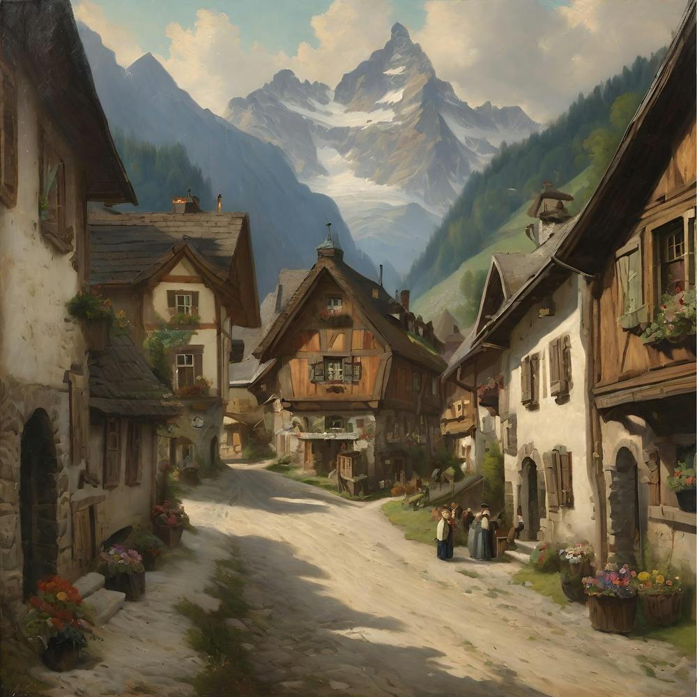 Village In The Alps. Oil Art.