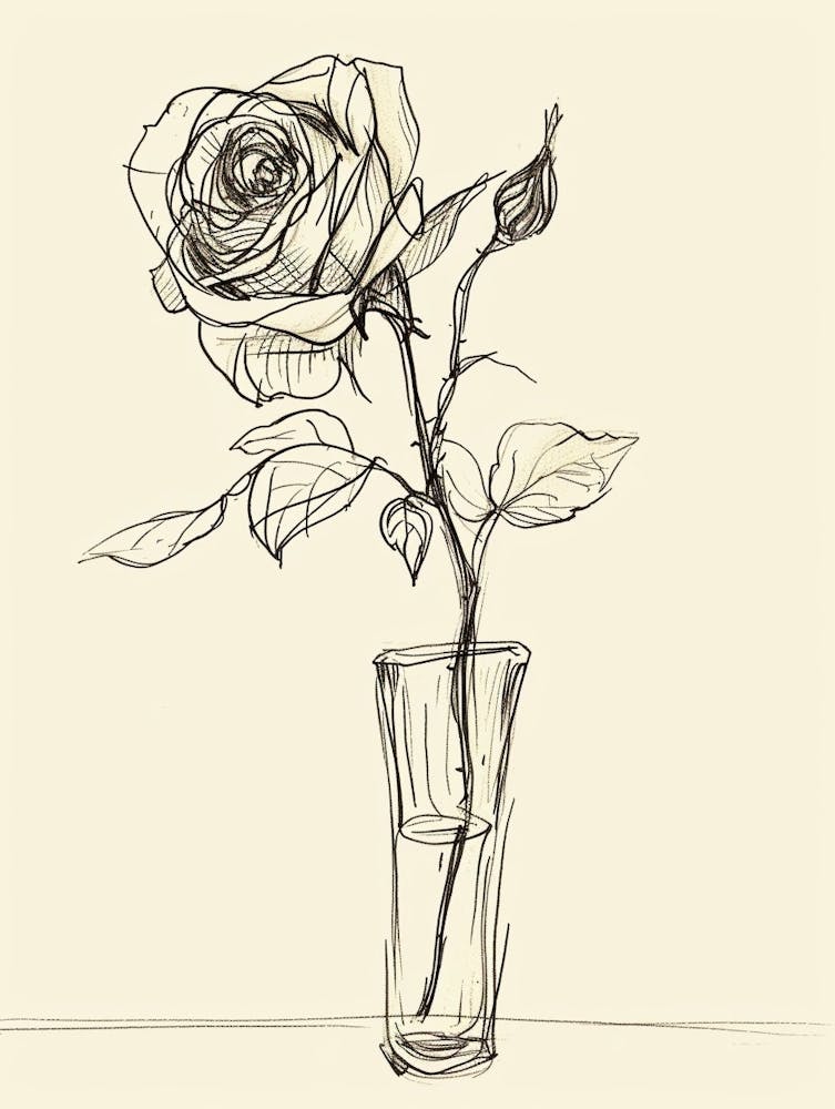 English Rose In A Vase Line Drawing 4