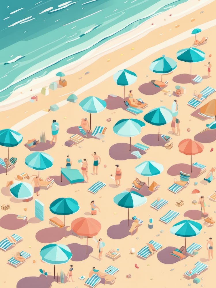 Surreal Figures On Sandy Beach With Umbrellas Parasol Sea Line Pastel Colours