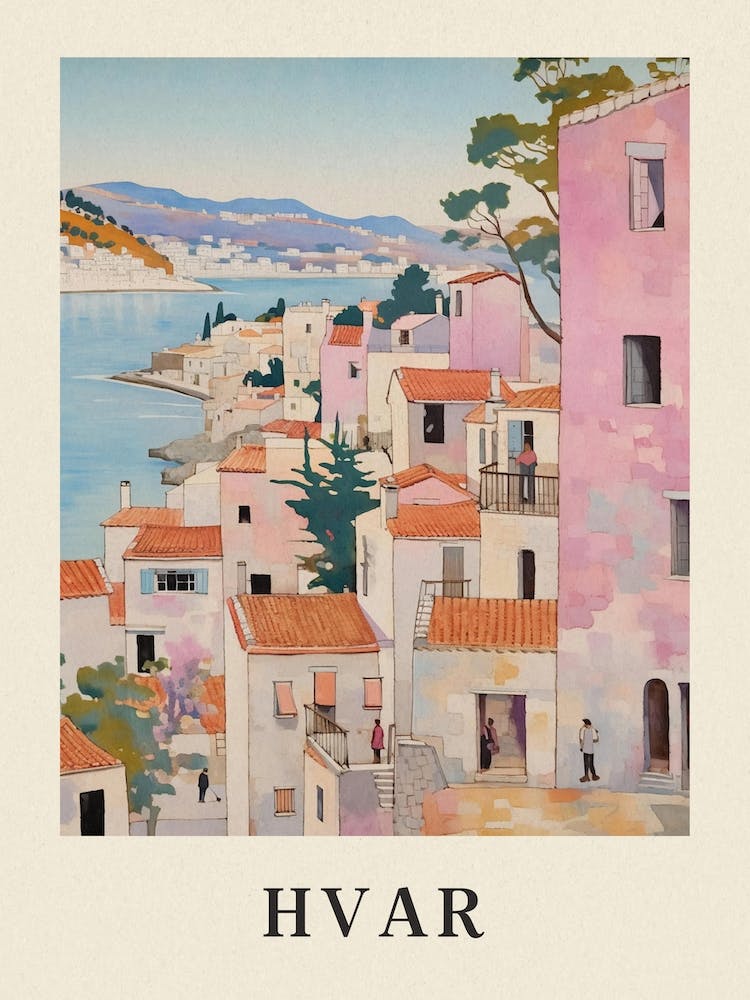 Hvar Croatia 2 Vintage Pink Travel Illustration Poster