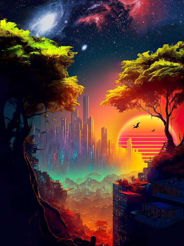 Synthwave cyberpunk city in a forest — surreal space collage art, cosmic futuristic sci-fi collage