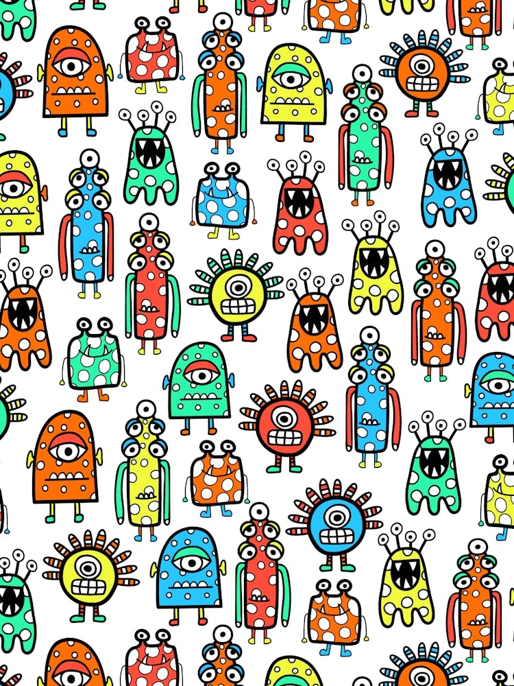 Fröhliche flippige Monster und Aliens Regenbogen auf Weiß Kinder