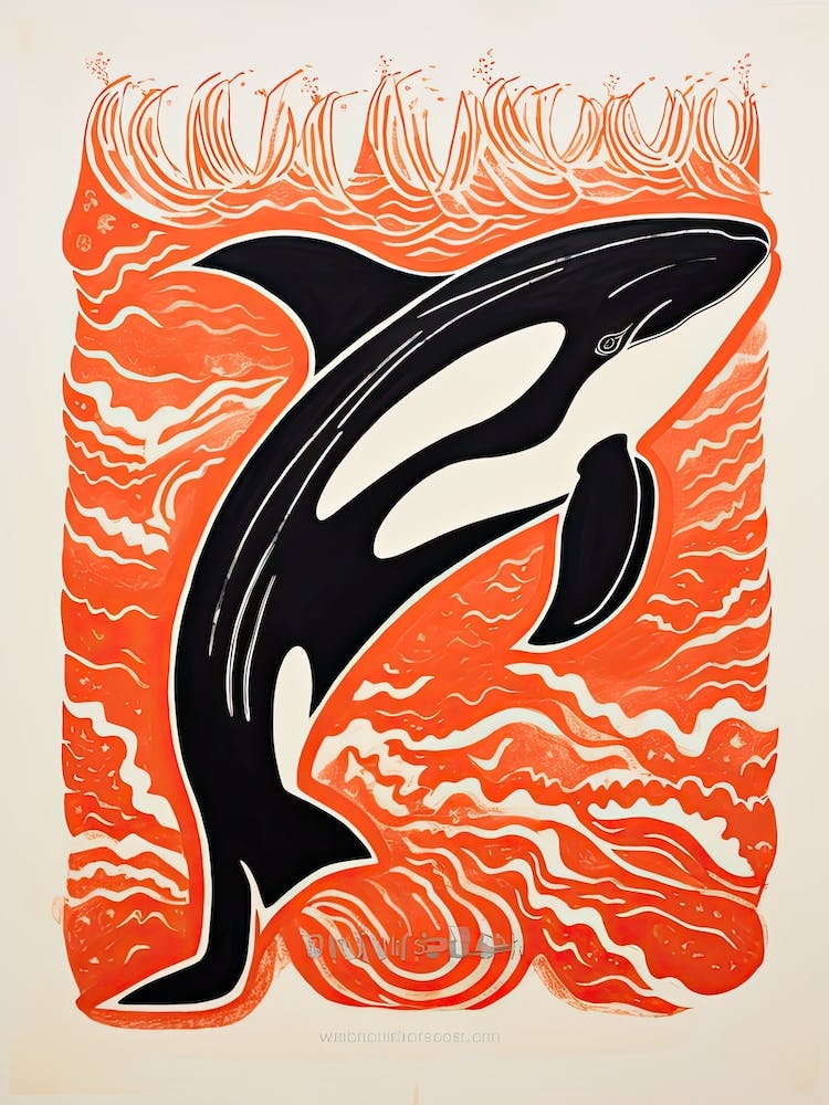 Orca, Woodblock Animal  Drawing 2