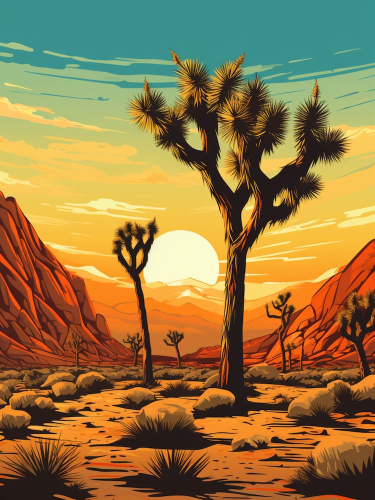 Retro Illustration Of A Joshua Trees At Sunrise 2