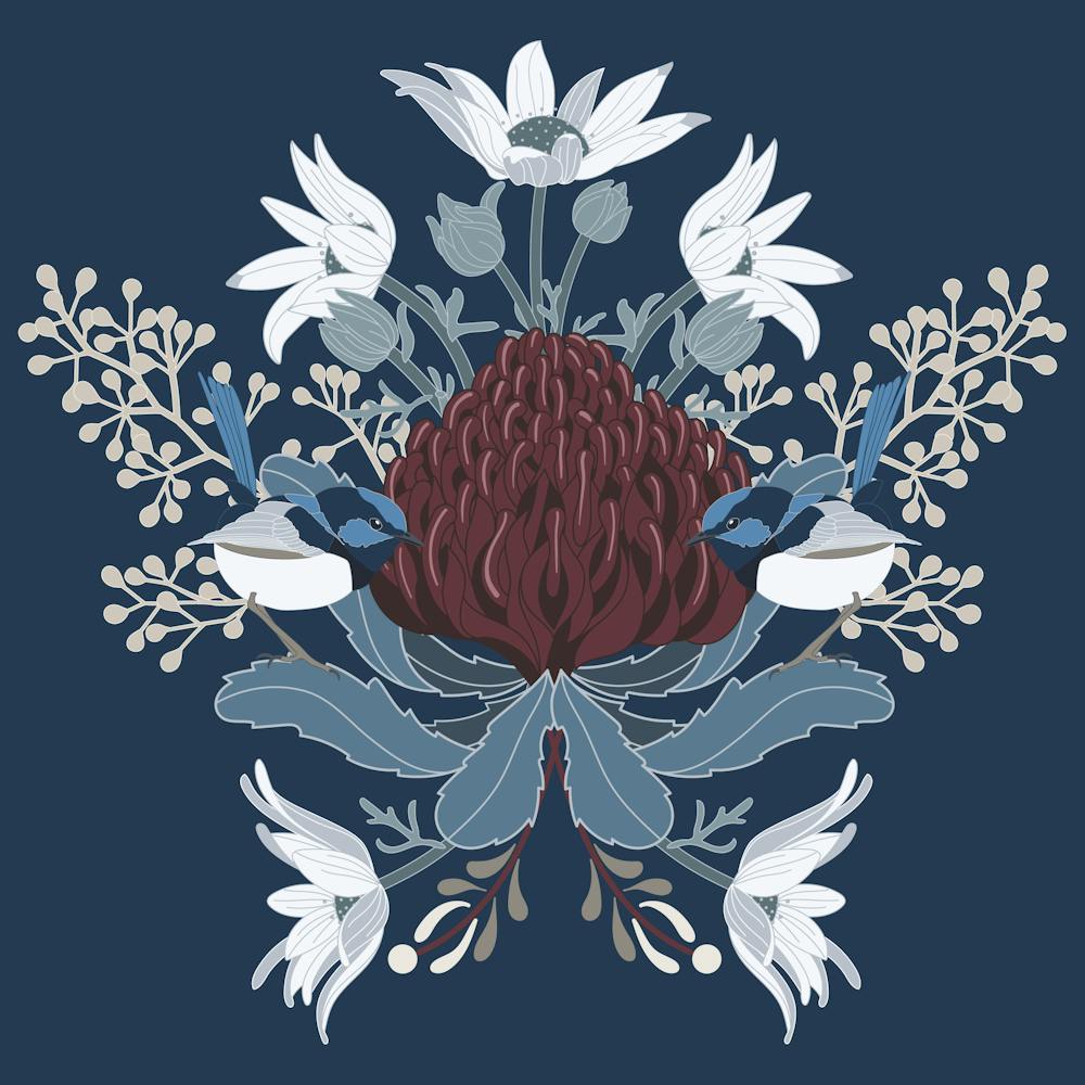 Waratah And Blue Wrens Australia Native Navy