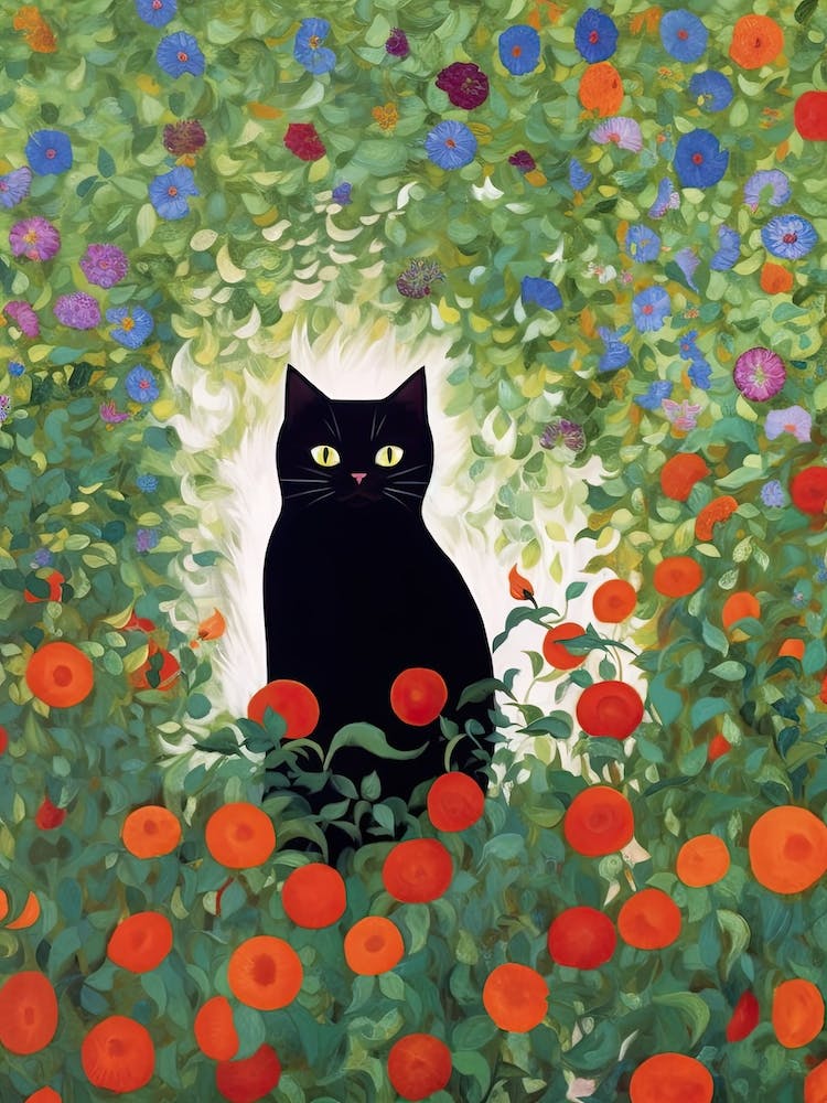Flower Garden And A Black Cat, Inspired By Klimt 1