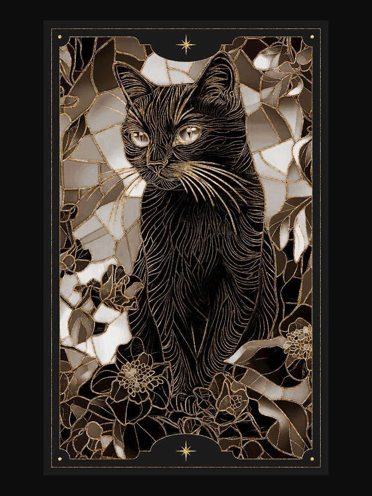 Alphonse Mucha-inspired black cat and ornate florals with gold accents in a dark cottagecore aesthetic with stained glass effect, Gothic Art Nouveau style witchy artwork perfect for libraries, vintage-themed rooms, moody interior