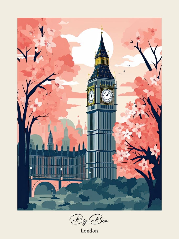 Big Ben, London   Cute Botanical Illustration Travel 5 Poster