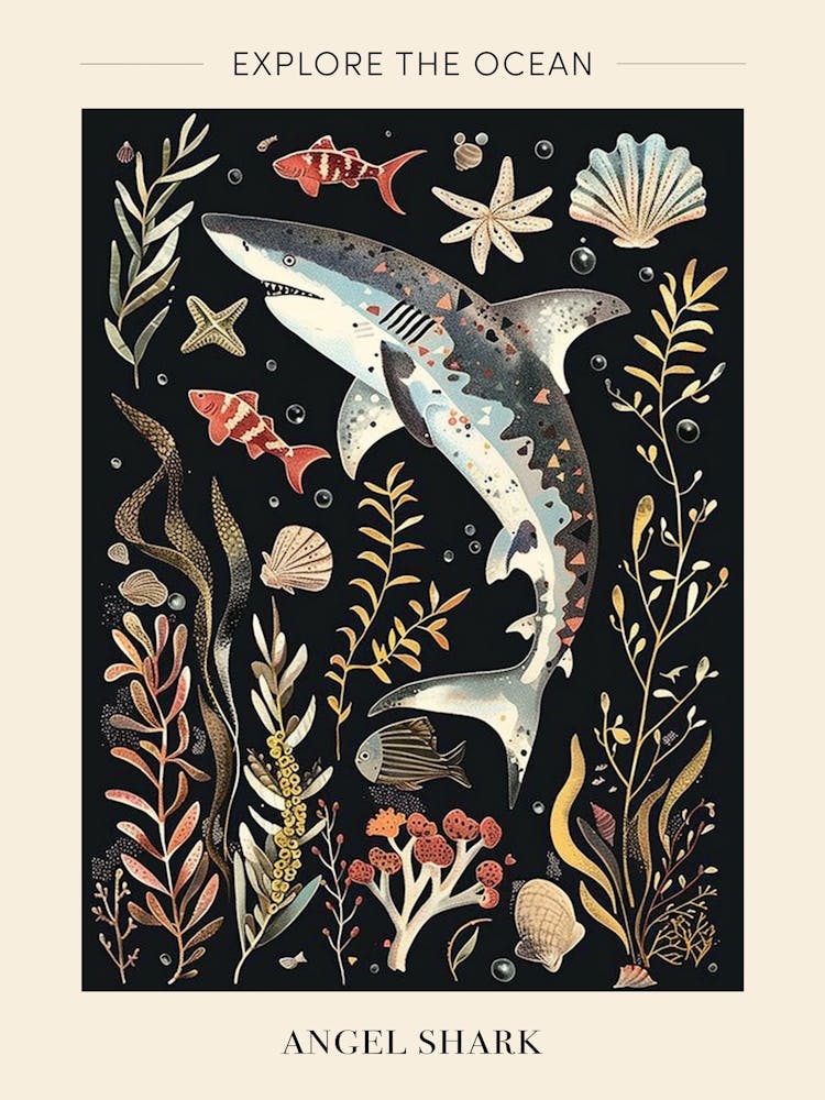 Angel Shark Seascape Black Background Illustration 2 Poster
