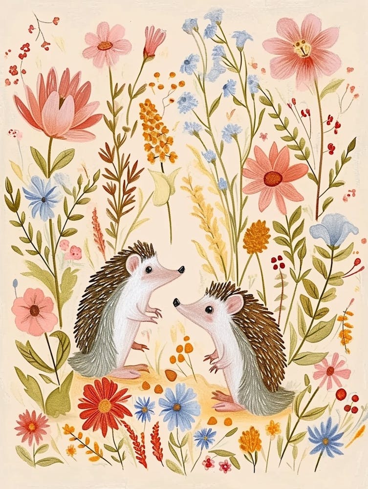 Folksy Floral Animal Drawing Hedgehog 2