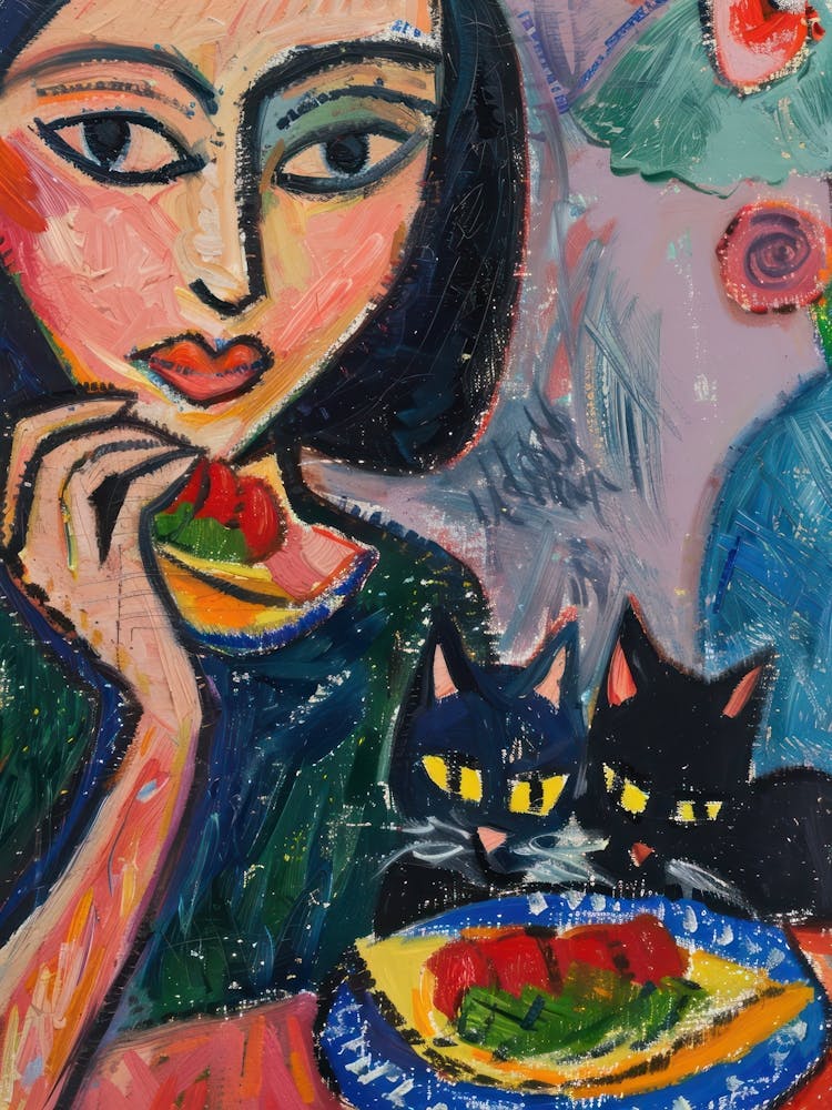 Portrait Of A Woman With Cats Eating Tacos