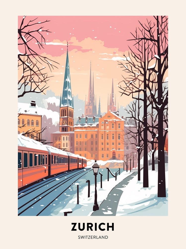 Vintage Winter Travel Poster Zurich Switzerland 5