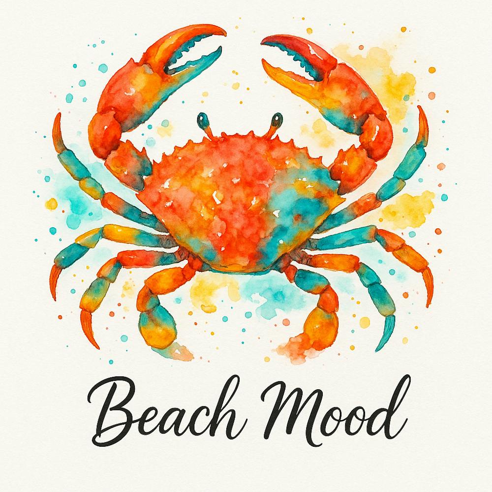 Beach Mood, beach art, Summer Art, Crab Water painting