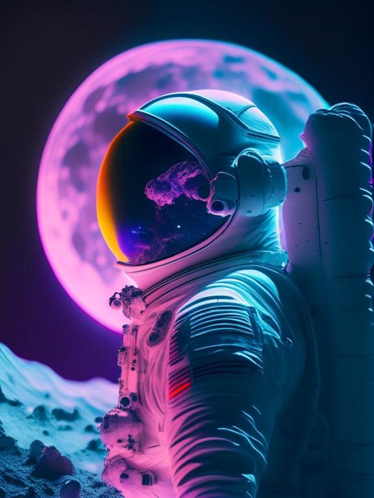 Astronaut In Spacesuit On The Moon Neon Nights 1