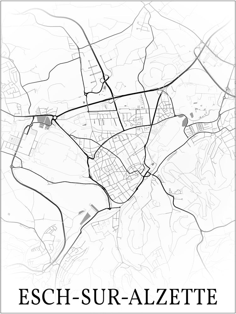 Esch Sur Alzette, Luxembourg, City Map, Black And White Fade Design