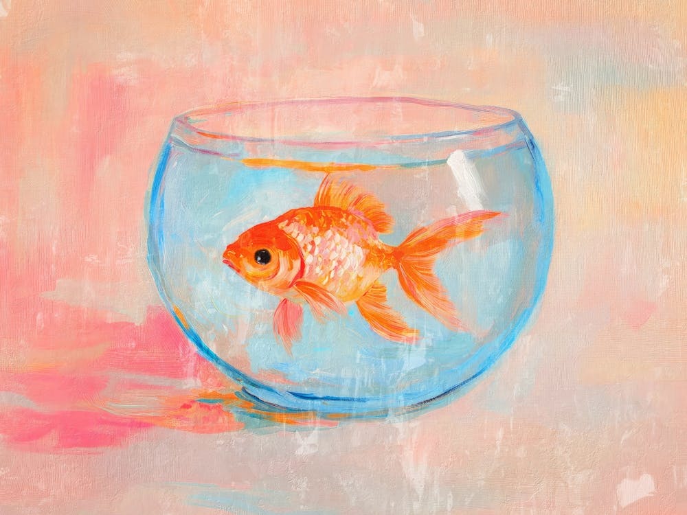 Goldfish in glass bowl painting in Soft pastel for coastal or beachy decor, Minimalist still life Coral and Blue cute wall art for bathrooms and kitchens, Whimsical artwork for kids rooms and nusery
