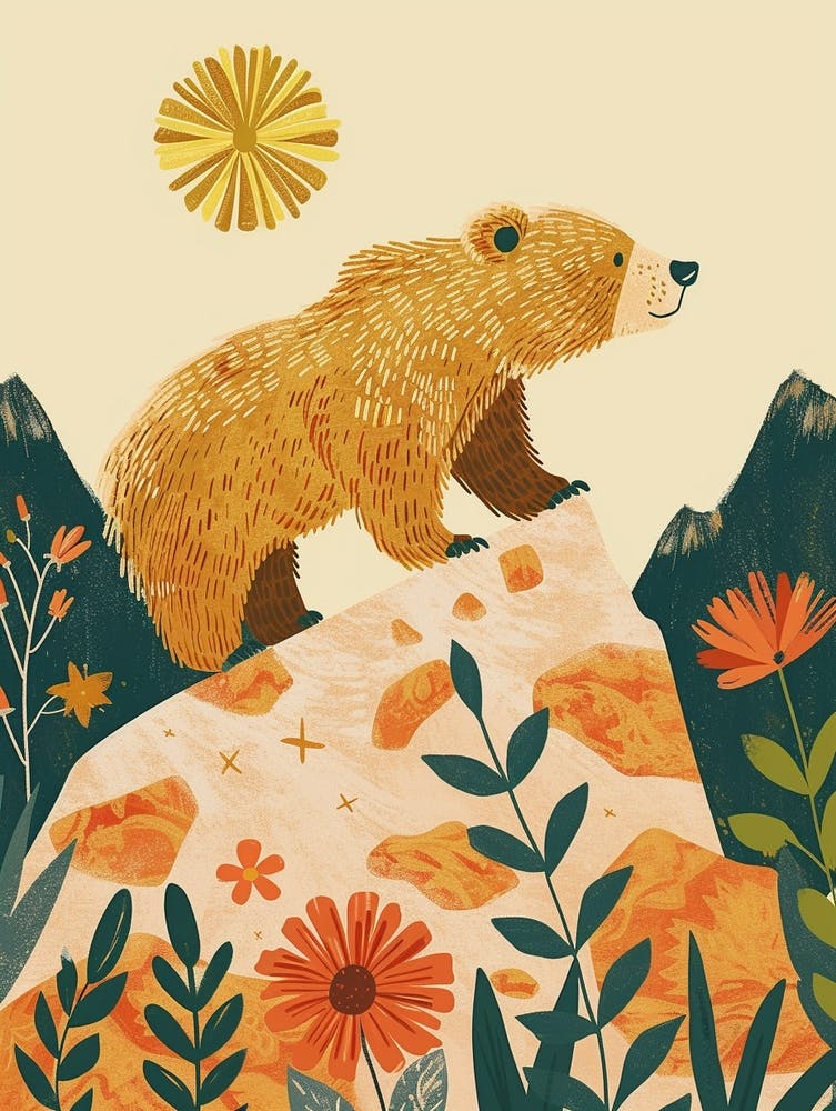Sloth Bear Walking On A Mountrain Storybook Illustration 3