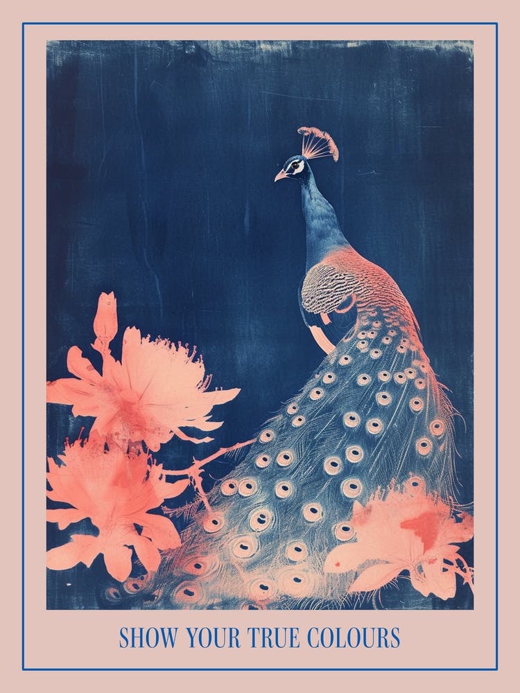 Cyanotype Inspired Peacock In The Leaves 2 Poster